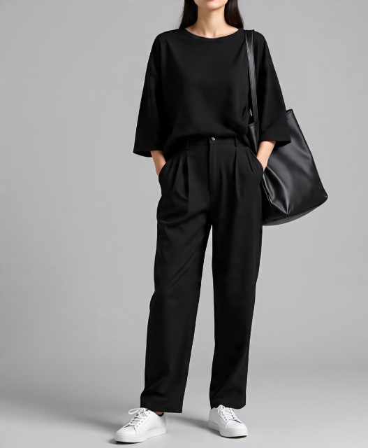 Minimal monochrome tote bag outfit