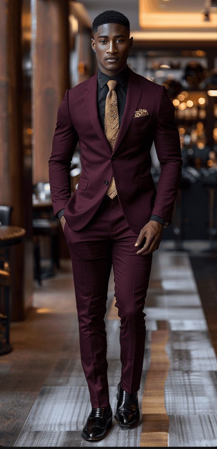 Burgundy business suit with white shirt