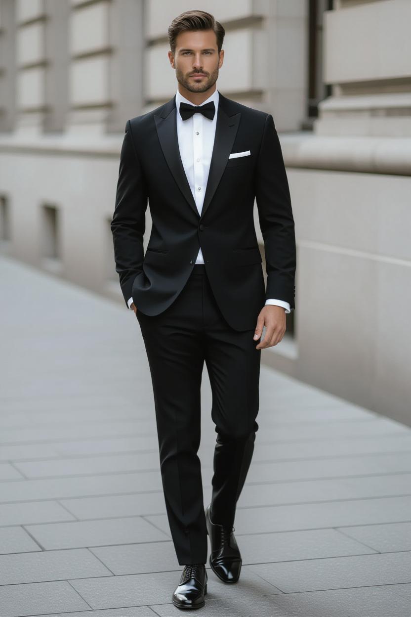 Classic black suit with white shirt and polished black oxford shoes