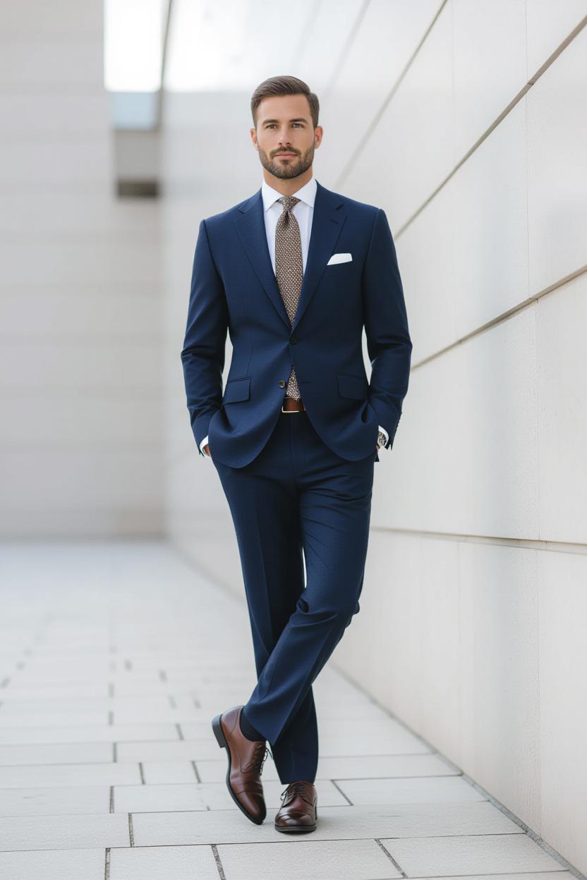 Modern navy suit styled with brown shoes and crisp white shirt