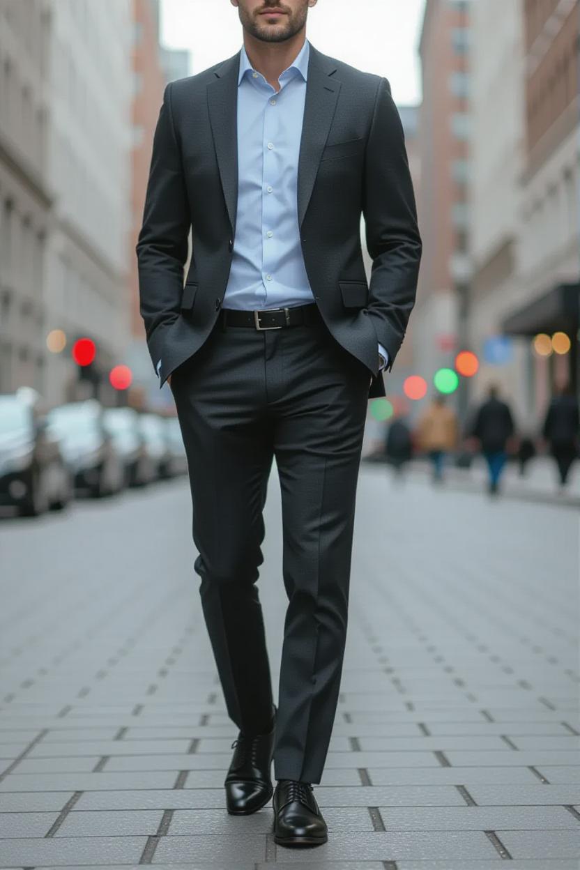 Charcoal gray suit with sky-blue shirt and black dress shoes