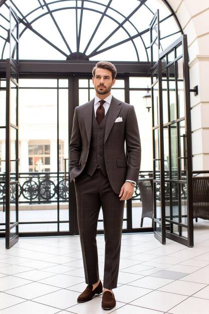Rich brown suit paired with cream shirt and suede loafers