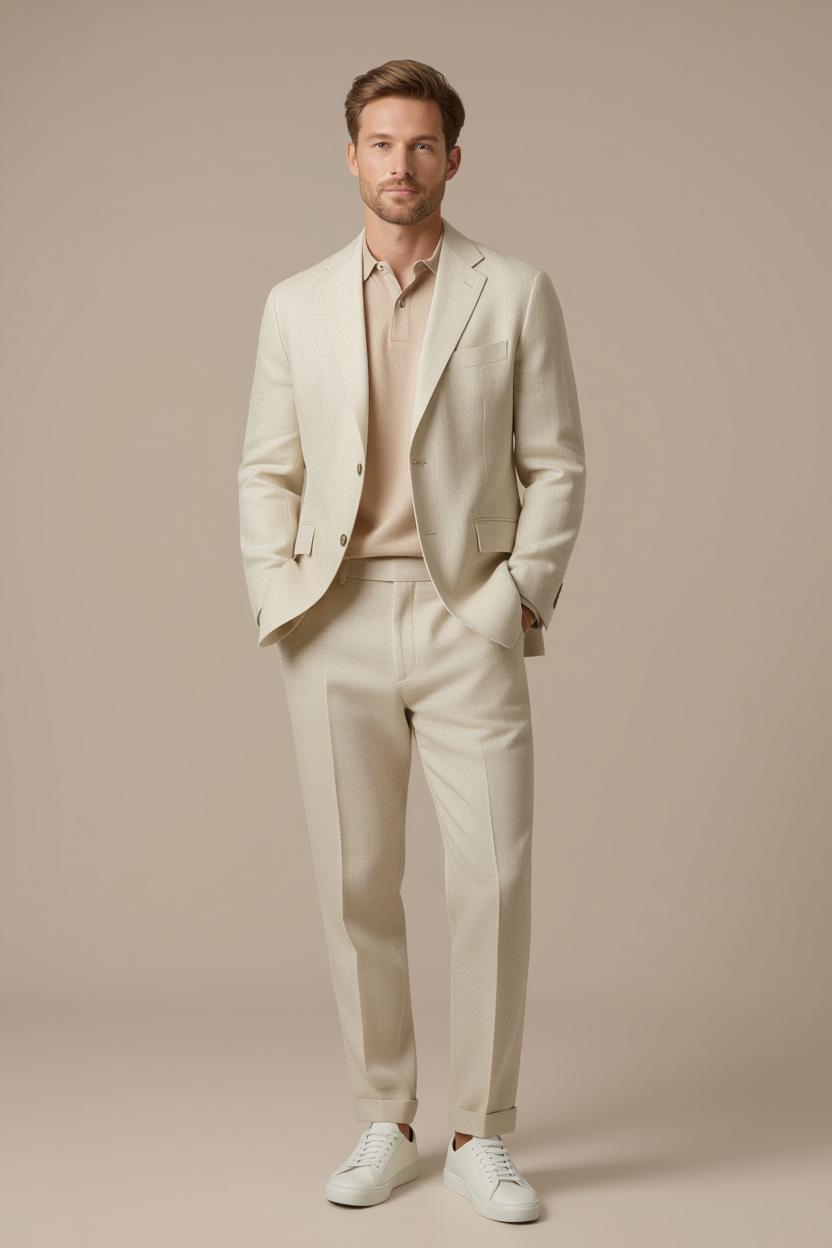 Light tan suit styled with white tee and clean white sneakers