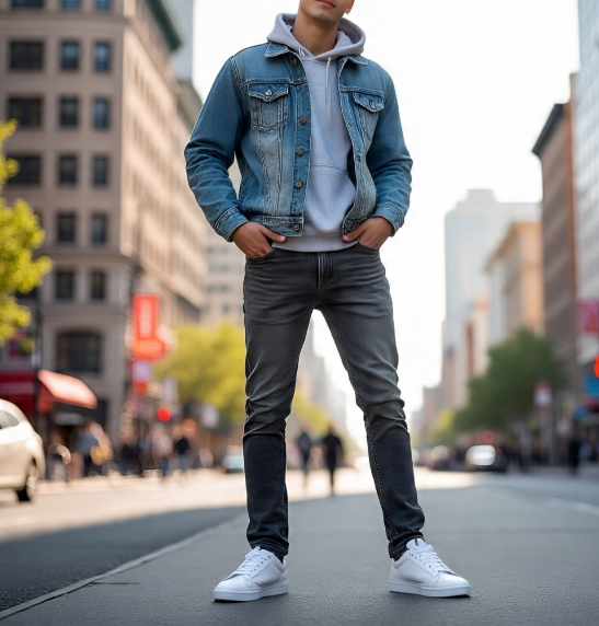 White Sneakers with Denim Layers White sneakers with denim jacket