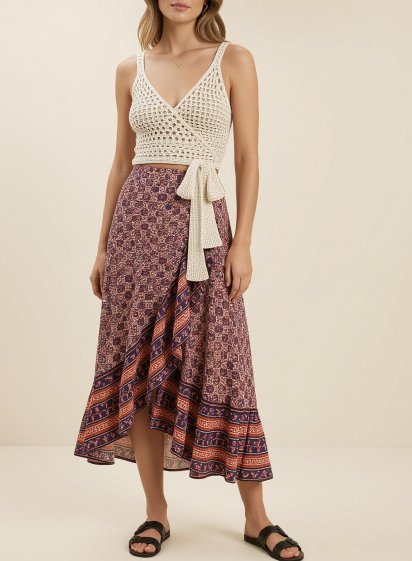Crochet wrap top and matching skirt co-ord