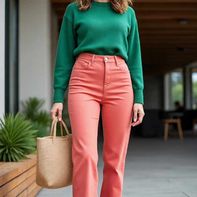 Color Clashing Done Right: Pink + Orange Pink jeans with orange top and neutral accessories